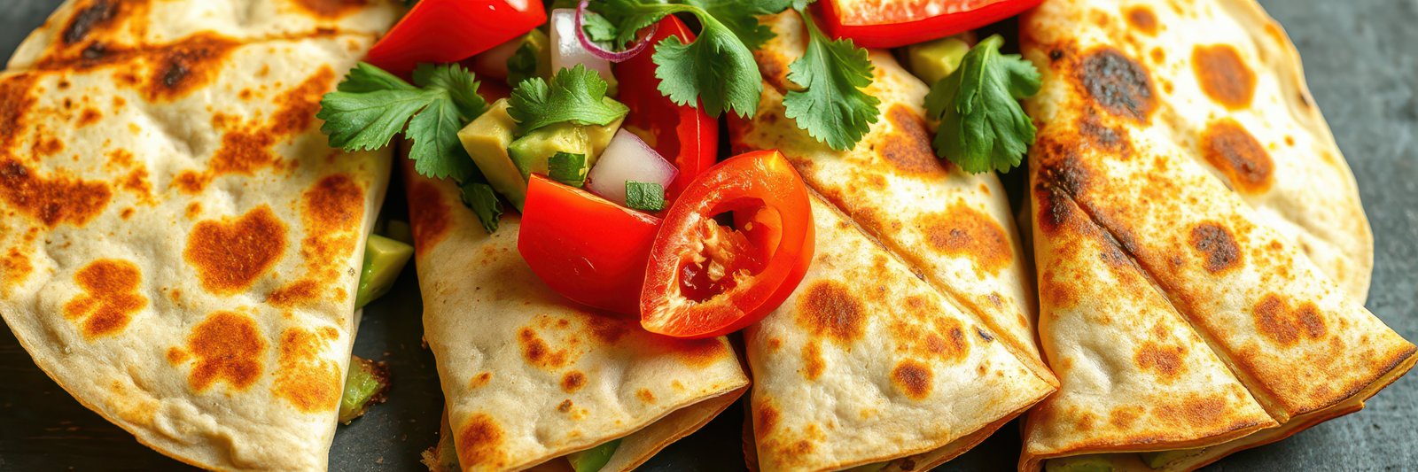 Delicious vegetarian quesadillas topped with fresh vegetables and herbs on a slate platter